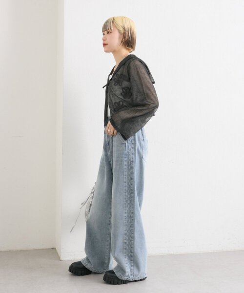 w closet（ダブルクローゼット）の「コード刺繍シアーセーラーカーデ（カーディガン/ボレロ・レディース・オフホワイト/イエロー/サックスブルー/ブラック・FREE）」の6枚目の写真