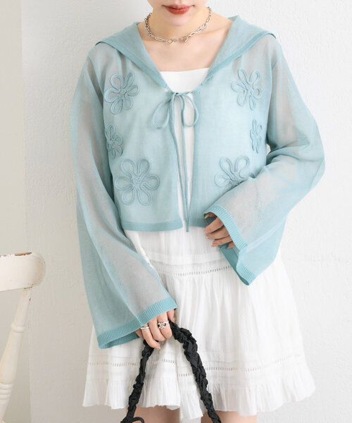 w closet（ダブルクローゼット）の「コード刺繍シアーセーラーカーデ（カーディガン/ボレロ・レディース・オフホワイト/イエロー/サックスブルー/ブラック・FREE）」の10枚目の写真