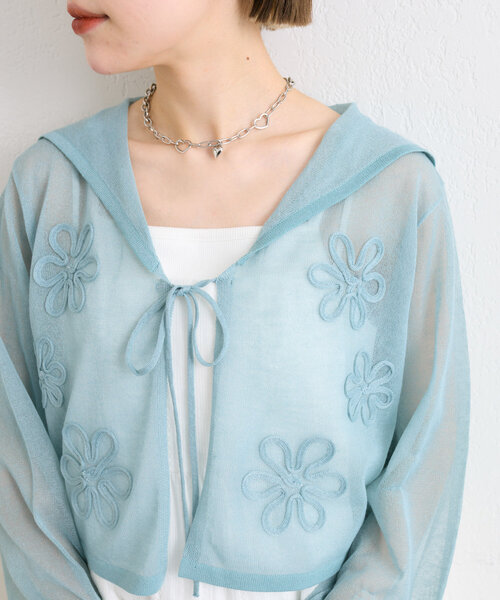 w closet（ダブルクローゼット）の「コード刺繍シアーセーラーカーデ（カーディガン/ボレロ・レディース・オフホワイト/イエロー/サックスブルー/ブラック・FREE）」の14枚目の写真