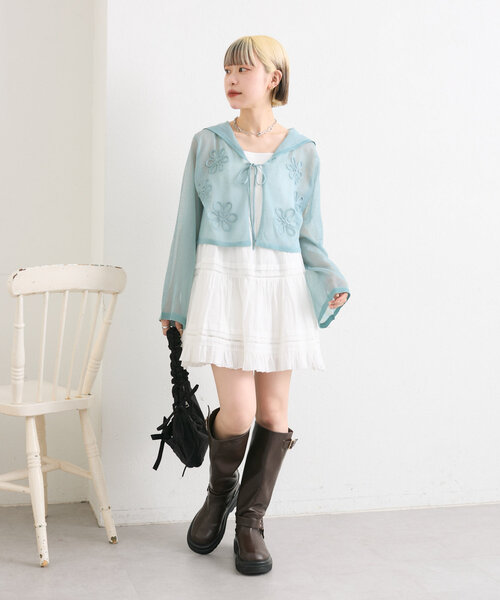 w closet（ダブルクローゼット）の「コード刺繍シアーセーラーカーデ（カーディガン/ボレロ・レディース・オフホワイト/イエロー/サックスブルー/ブラック・FREE）」の18枚目の写真