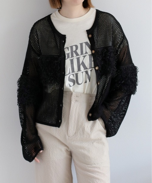 cepo(セポ)の「〈前後2way〉透かし編みフリンジニットカーディガン(カーディガン/ボレロ・レディース・ブラウン/オフホワイト/ブラック・M)」の2枚目の写真