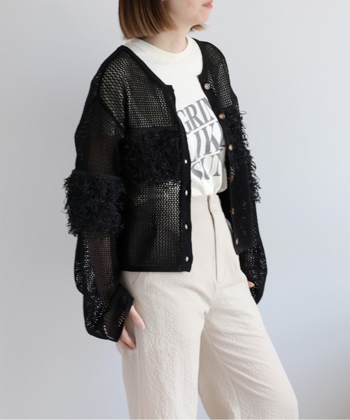 cepo(セポ)の「〈前後2way〉透かし編みフリンジニットカーディガン(カーディガン/ボレロ・レディース・ブラウン/オフホワイト/ブラック・M)」の16枚目の写真