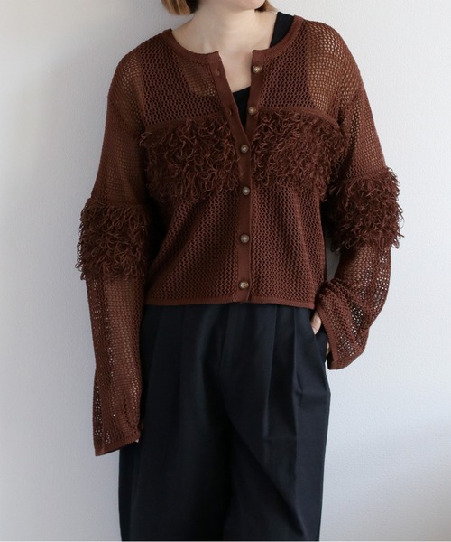 cepo(セポ)の「〈前後2way〉透かし編みフリンジニットカーディガン(カーディガン/ボレロ・レディース・ブラウン/オフホワイト/ブラック・M)」の9枚目の写真