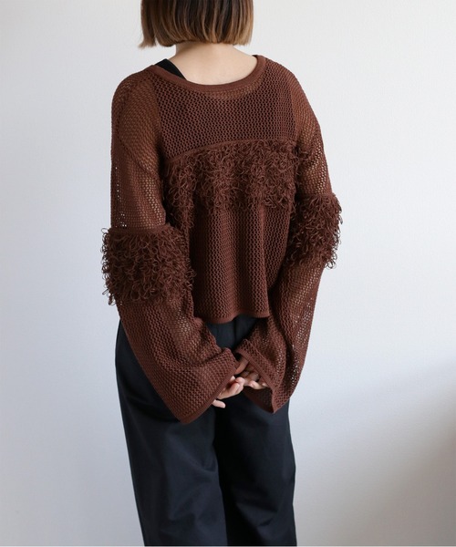 cepo(セポ)の「〈前後2way〉透かし編みフリンジニットカーディガン(カーディガン/ボレロ・レディース・ブラウン/オフホワイト/ブラック・M)」の7枚目の写真