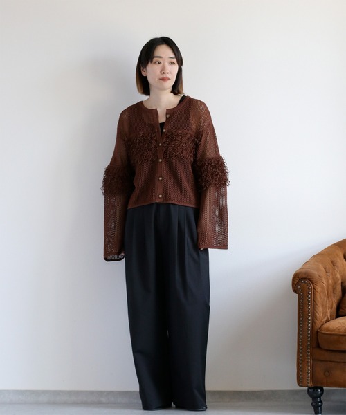 cepo(セポ)の「〈前後2way〉透かし編みフリンジニットカーディガン(カーディガン/ボレロ・レディース・ブラウン/オフホワイト/ブラック・M)」の10枚目の写真