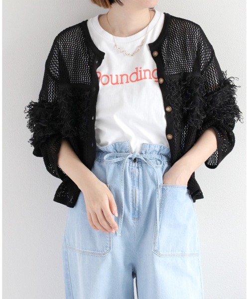 cepo(セポ)の「〈前後2way〉透かし編みフリンジニットカーディガン(カーディガン/ボレロ・レディース・ブラウン/オフホワイト/ブラック・M)」の5枚目の写真