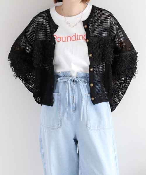 cepo(セポ)の「〈前後2way〉透かし編みフリンジニットカーディガン(カーディガン/ボレロ・レディース・ブラウン/オフホワイト/ブラック・M)」の6枚目の写真