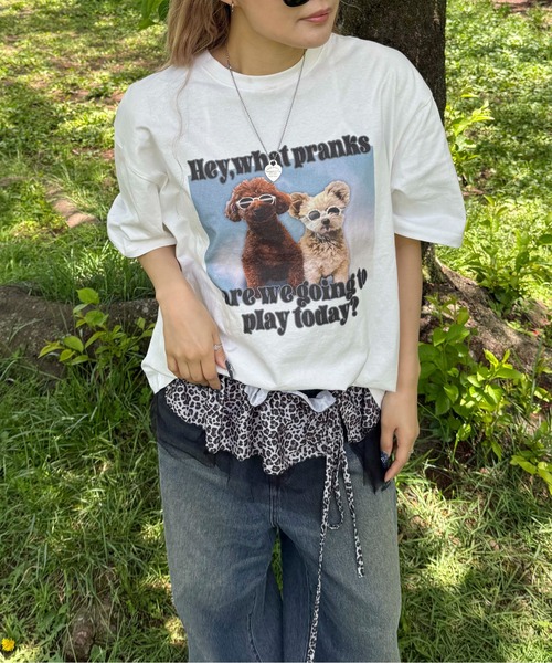 sedacle(セダクル)の「ドッグフォトプリントTシャツ(Tシャツ/カットソー・レディース・ブラック/ホワイト・SMALL/MEDIUM/LARGE)」の5枚目の写真