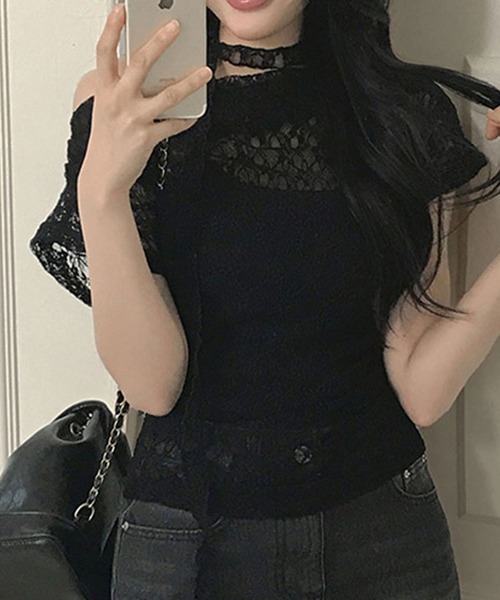 Nia（ニア）の「Nia(ニア)/【タイ付き】　オフショルダー　シースルーレーストップス（Tシャツ/カットソー・レディース・ホワイト/ブラック・SMALL/MEDIUM）」の5枚目の写真