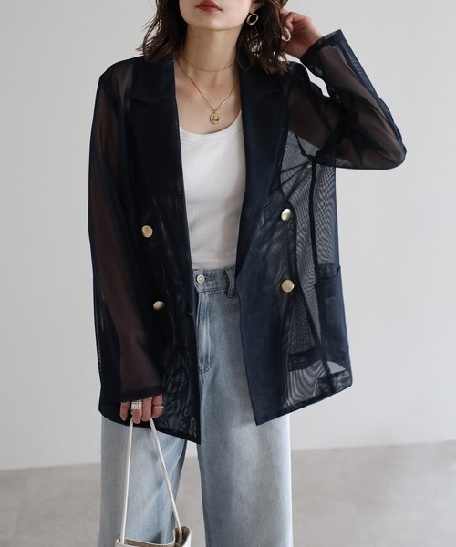 Bonjour Sagan（ボンジュールサガン）の「メッシュテーラードジャケット（テーラードジャケット・レディース・ダークネイビー/ライトベージュ/モカ・FREE）」の3枚目の写真