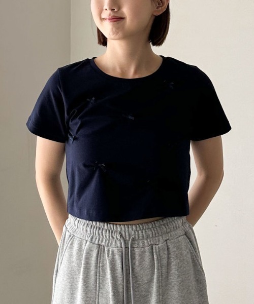 ★リボン カットソー★ セール】タックミニリボンチビTee(Tシャツ/カットソー
