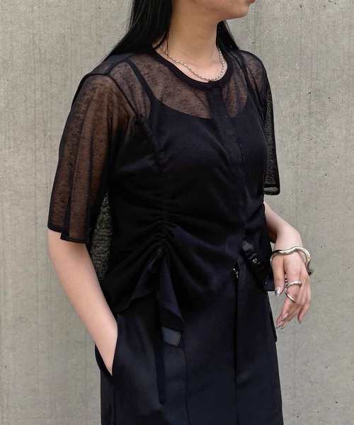 &g'aime（アンジェム）の「【&g'aime】シアーシャーリングカーディガン　Sheer Shirring Cardigan（カーディガン/ボレロ・レディース・ブルー/ブラック/ホワイト・FREE）」の2枚目の写真
