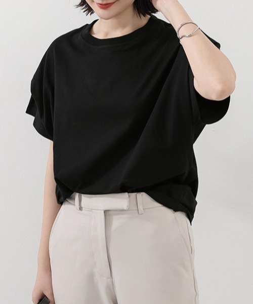 Coo+i(クーイ)の「フレンチスリーブ半袖Tシャツ(Tシャツ/カットソー・レディース・ブラック×ホワイト/ブラック/ホワイト・FREE)」の3枚目の写真