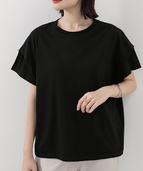 Coo+i(クーイ)の「フレンチスリーブ半袖Tシャツ(Tシャツ/カットソー・レディース・ブラック×ホワイト/ブラック/ホワイト・FREE)」の8枚目の写真