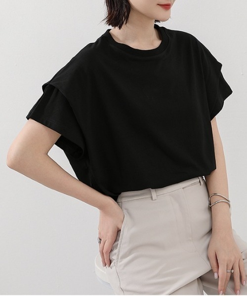 Coo+i(クーイ)の「フレンチスリーブ半袖Tシャツ(Tシャツ/カットソー・レディース・ブラック×ホワイト/ブラック/ホワイト・FREE)」の7枚目の写真