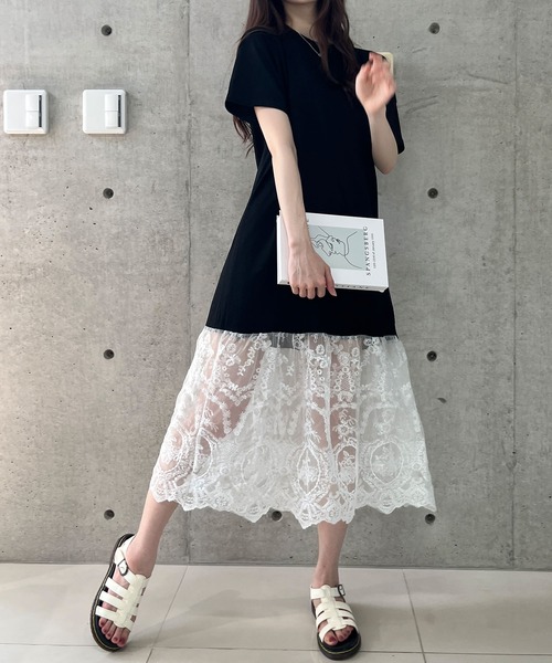 GLAMOROUS JANE(グラマラスジェーン)の「レース切替Tシャツワンピース(ワンピース・レディース・ブラック・FREE)」の1枚目の写真
