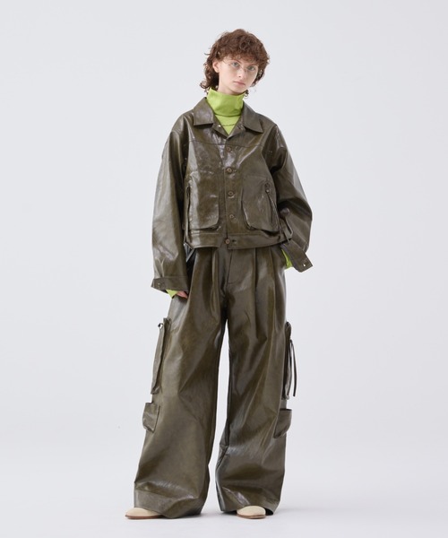 soerte ヴィンテージ ライク ミリタリー ジャケット レザー　合皮　カーキ soerte ヴィンテージ ライク ミリタリー ジャケット レザー 合皮