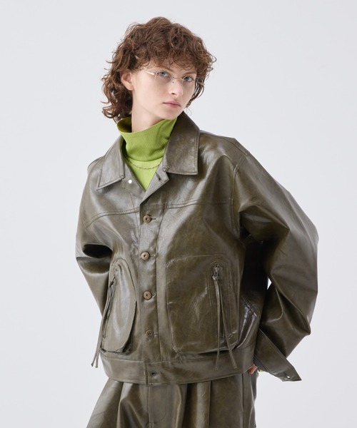 ジャケット・アウター vintage like fake leather jacket vintage like zip up shrink fake leather jacket / black - Madder