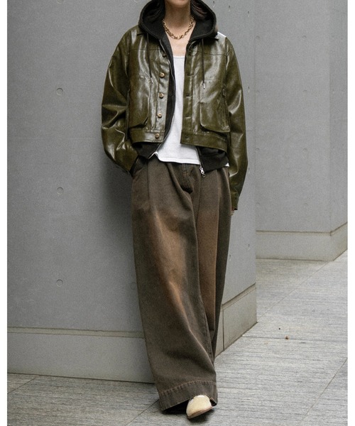 soerte ヴィンテージ ライク ミリタリー ジャケット レザー　合皮　カーキ soerte（ソエルテ）の「Vintage like military short jacket ( fake