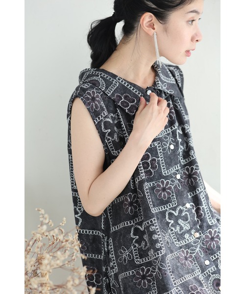 cawaii（カワイイ）の「ゆったり心地よい刺繍風プリントのロングワンピース（紐リボン付き）（ワンピース・レディース・ブラック・FREE）」の4枚目の写真