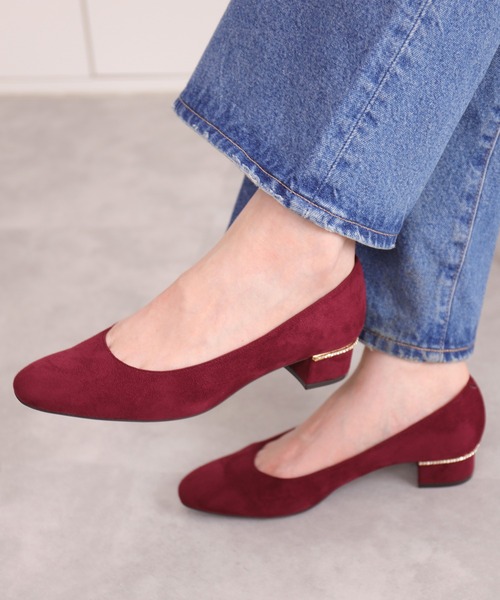 セール】ビジューラインヒール スエード調プレーンパンプス（パンプス