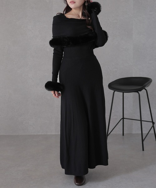 Lace Ladies(レースレディース)の「ケープ ファー ドッキング ロング ニット ワンピース(ワンピース・レディース・アイボリー/ブラック/ブラウン・FREE/S)」の1枚目の写真