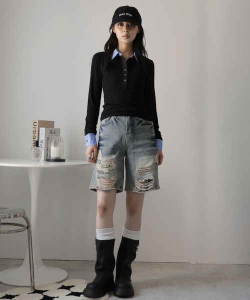 Ulysses(ユリシス)の「ヘンリーネック襟付きカットソー(Tシャツ/カットソー・レディース・ブラック・S/M)」の2枚目の写真