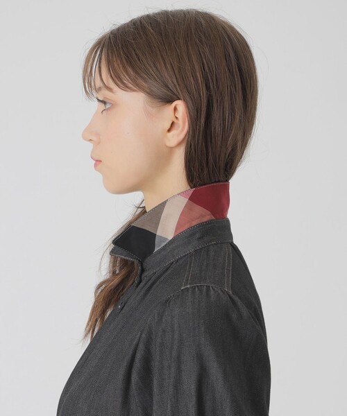 デニムライクパーシャルチェックドレス（ワンピース）｜BLUE LABEL