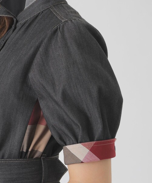 デニムライクパーシャルチェックドレス（ワンピース）｜BLUE