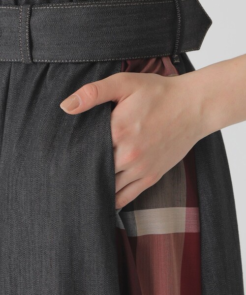 デニムライクパーシャルチェックドレス（ワンピース）｜BLUE