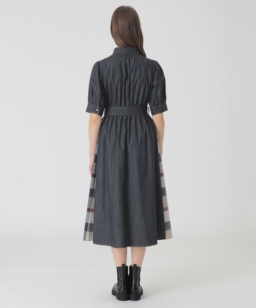 ブルーレーベル・クレストブリッジ　デニムライクパーシャルチェックワンピース デニムライクパーシャルチェックドレス（ワンピース）｜BLUE LABEL
