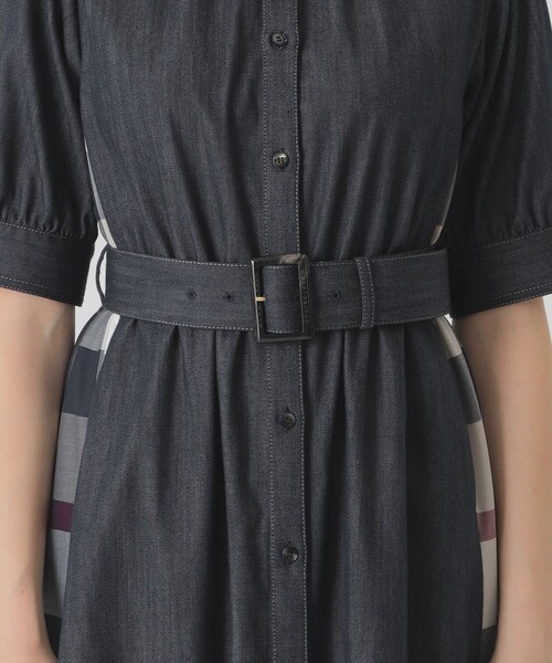 デニムライクパーシャルチェックドレス（ワンピース）｜BLUE LABEL