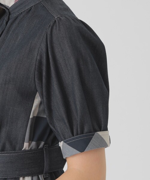 デニムライクパーシャルチェックドレス（ワンピース）｜BLUE LABEL