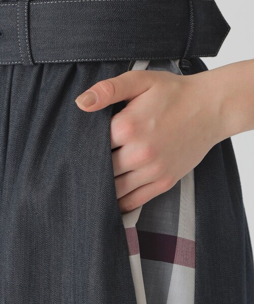 デニムライクパーシャルチェックドレス（ワンピース）｜BLUE LABEL