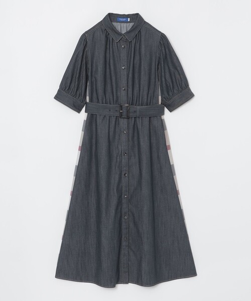 デニムライクパーシャルチェックドレス（ワンピース）｜BLUE LABEL