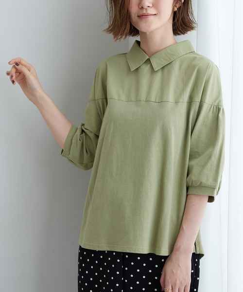 BELLUNA PLUS(ベルーナ)の「衿付き異素材切替プルオーバー(Tシャツ/カットソー・レディース・ブラック/オリーブ/アイボリー・MEDIUM/X-LARGE/LARGE)」の1枚目の写真