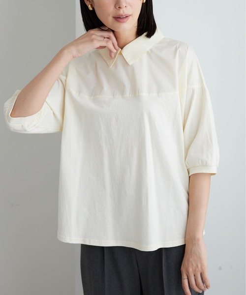BELLUNA PLUS(ベルーナ)の「衿付き異素材切替プルオーバー(Tシャツ/カットソー・レディース・ブラック/オリーブ/アイボリー・MEDIUM/X-LARGE/LARGE)」の2枚目の写真