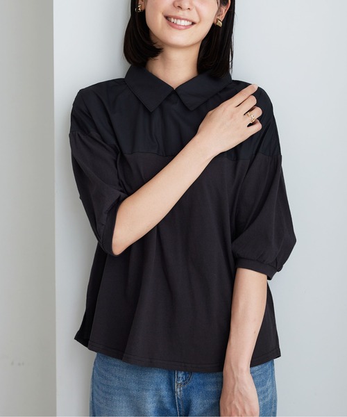 BELLUNA PLUS(ベルーナ)の「衿付き異素材切替プルオーバー(Tシャツ/カットソー・レディース・ブラック/オリーブ/アイボリー・MEDIUM/X-LARGE/LARGE)」の3枚目の写真