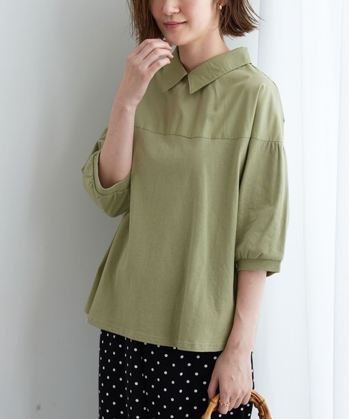 BELLUNA PLUS(ベルーナ)の「衿付き異素材切替プルオーバー(Tシャツ/カットソー・レディース・ブラック/オリーブ/アイボリー・MEDIUM/X-LARGE/LARGE)」の6枚目の写真