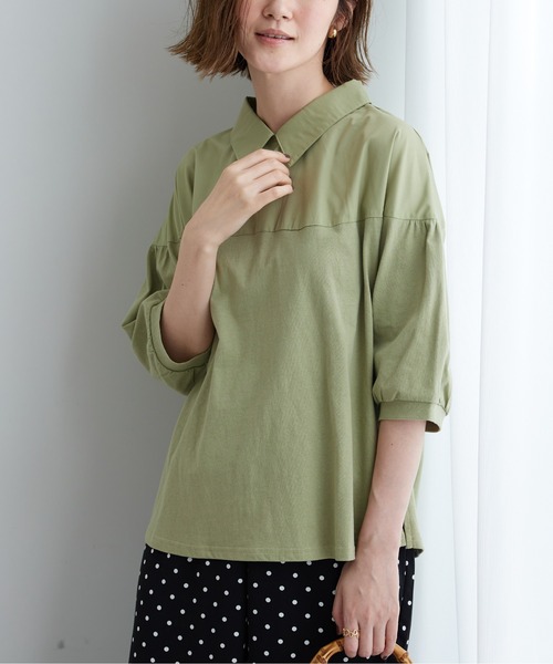 BELLUNA PLUS(ベルーナ)の「衿付き異素材切替プルオーバー(Tシャツ/カットソー・レディース・ブラック/オリーブ/アイボリー・MEDIUM/X-LARGE/LARGE)」の7枚目の写真