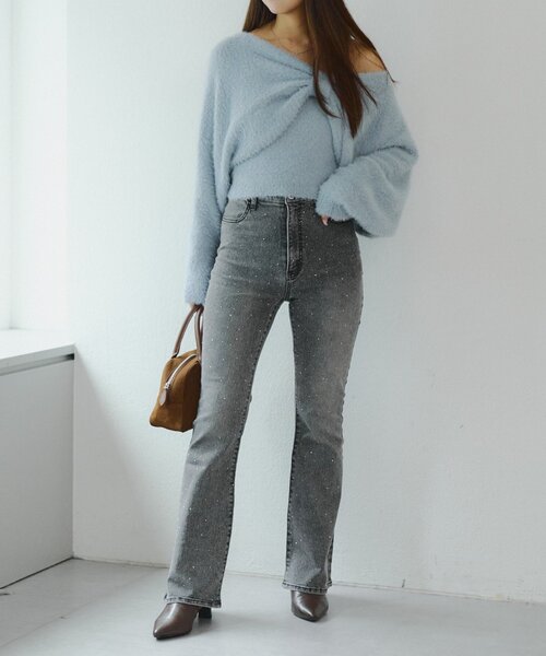 伸縮性◎美シルエット】キラキラストレッチセミフレアデニム（デニム