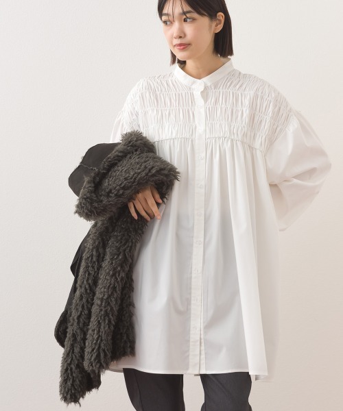OMNES(オムネス)の「ポプリンフロントシャーリング プルオーバー チュニック 長袖シャツブラウス(シャツ/ブラウス・レディース・ブルー/ブラック/ライトベージュ/マルチ/ホワイト/ホワイト系その他・FREE)」の8枚目の写真