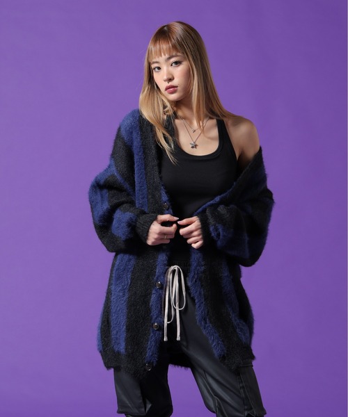 DANKE SCHON(ダンケシェーン)の「【WEB&DEPOT限定】DankeSchon/ダンケシェーン/SHAGGY STRIPE CARDIGAN(カーディガン/ボレロ・レディース・ブラック/モスグリーン・L/M/XL)」の2枚目の写真
