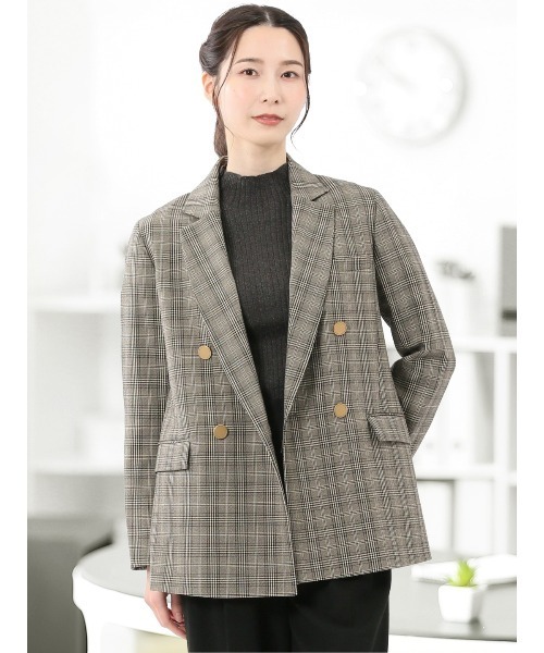 TAKA-Q(タカキュー)の「【ストレッチ ウォッシャブル】タカキューレディース チェック柄 リラクシング ダブル ジャケット(テーラードジャケット・レディース・グレー・MEDIUM/S/X-LARGE/LARGE)」の1枚目の写真