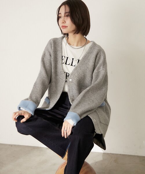 Remind me and forever（リマインドミーアンドフォーエバー）の「【WEB限定】【nane】Wフェイス配色カーディガン（カーディガン/ボレロ・レディース・グレー/チャコールグレー/ネイビー・FREE）」の14枚目の写真