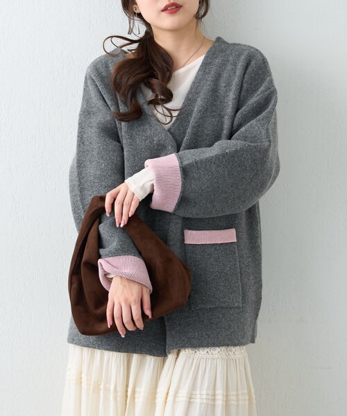 Remind me and forever（リマインドミーアンドフォーエバー）の「【WEB限定】【nane】Wフェイス配色カーディガン（カーディガン/ボレロ・レディース・グレー/チャコールグレー/ネイビー・FREE）」の7枚目の写真