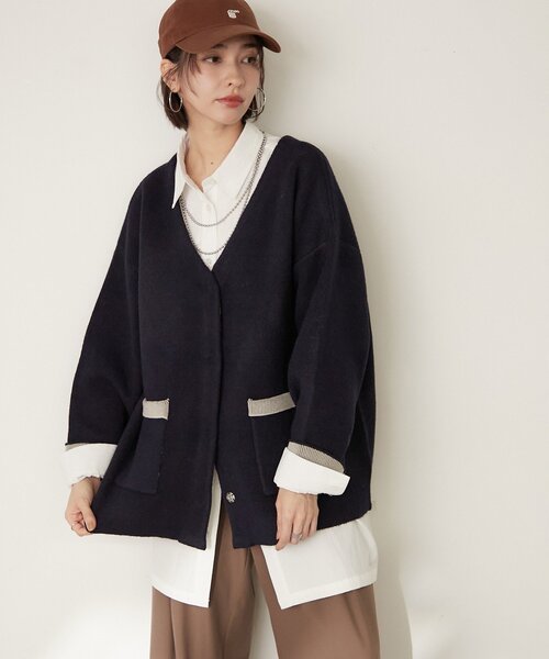 Remind me and forever（リマインドミーアンドフォーエバー）の「【WEB限定】【nane】Wフェイス配色カーディガン（カーディガン/ボレロ・レディース・グレー/チャコールグレー/ネイビー・FREE）」の4枚目の写真