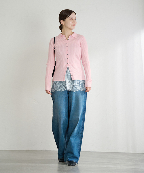 IENA（イエナ）の「EXメリノリブ ポロ襟カーディガン（カーディガン/ボレロ・レディース・ピンク/ブラック系その他/グレー・FREE）」の5枚目の写真