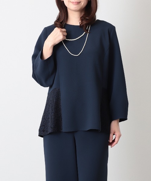 fleur by mint breeze(フルールバイミントブリーズ)の「【L~6L 大きいサイズ】【セットアップ】エアリーダブルクロスレース切替えブラウス(シャツ/ブラウス・レディース・ブラック/ネイビー・5L/LL/3L/4L)」の1枚目の写真