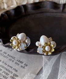 【mallelabrocante/マルラブロカント】サージカルステンレス 天然石と真鍮フラワーのbijouピアス/金属アレルギー対応